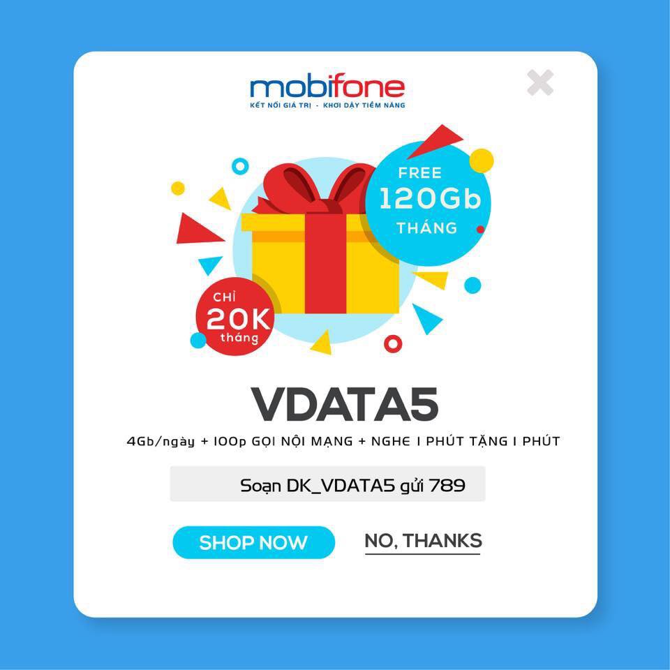 Sim  Mobifone Vdata5 120GB/tháng, giá gói 30k/th. Miễn Phi tháng đầu