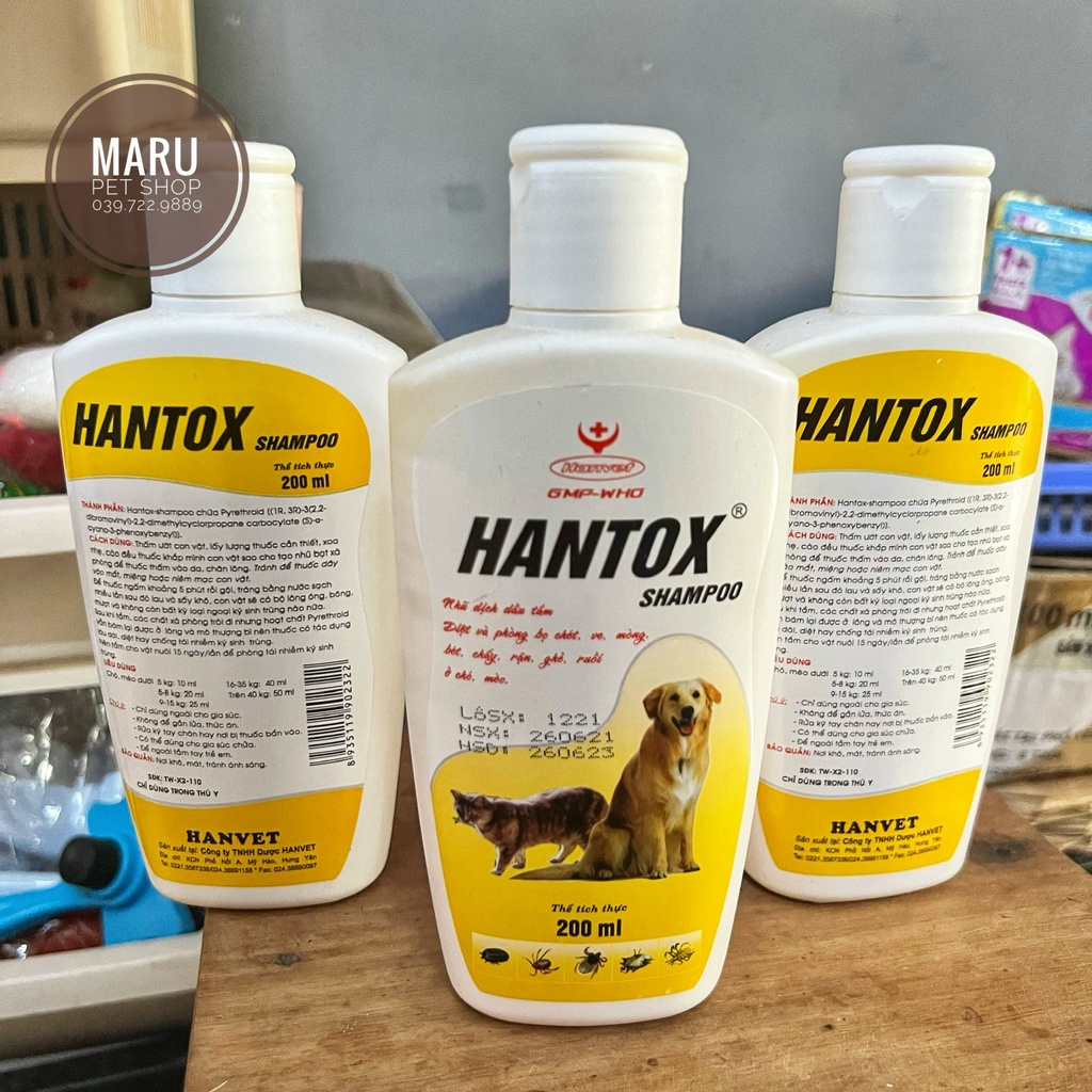 Sữa Tắm Trị Ve Rận Bọ Chét Chó Mèo Hantox Shampoo Hanvet Vàng Xanh Hồng 200ml