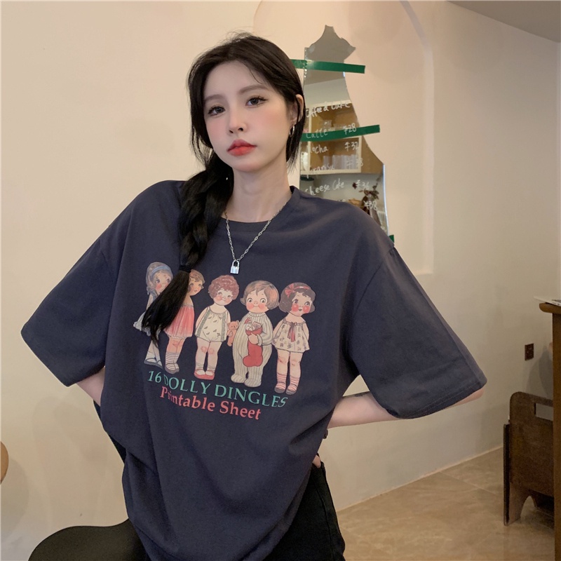 SUXI Áo Thun Tay Ngắn Cổ Tròn Form Rộng In Họa Tiết Hoạt Hình Thời Trang Mùa Hè Cho Nữ