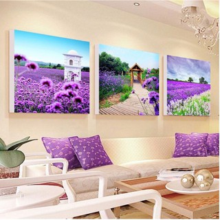 tranh thêu chữ thập bộ 3 bức tranh cánh đông hoa oải hương kt 68x68x3cm