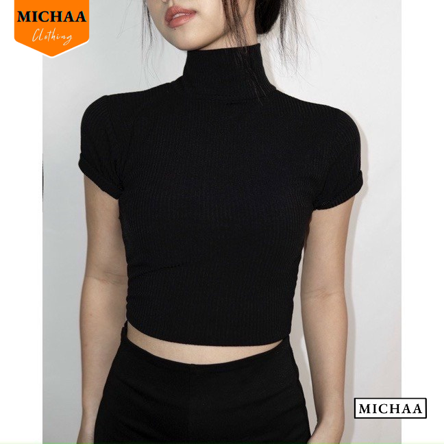 Áo Croptop Nữ TAY NGẮN CỔ LỌ Ôm Body, Áo Thun Croptop Kiểu Sexy Chất Thun Gân - MICHAA CR73