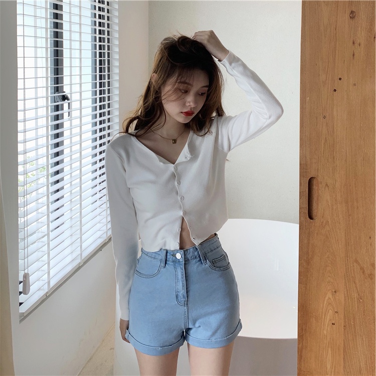 Xiaozhainv Quần short denim lưng cao co dãn kiểu dáng đơn giản hợp thời trang