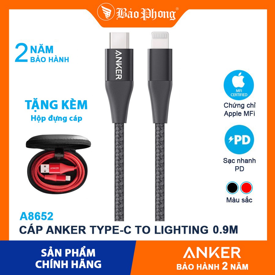 Dây Cáp Sạc nhanh ANKER A8652 Type C to Lightning PowerLine + II PD cho iPhone iPad IP 5 6 7 8 Plus X xs Max 11 12 Pro