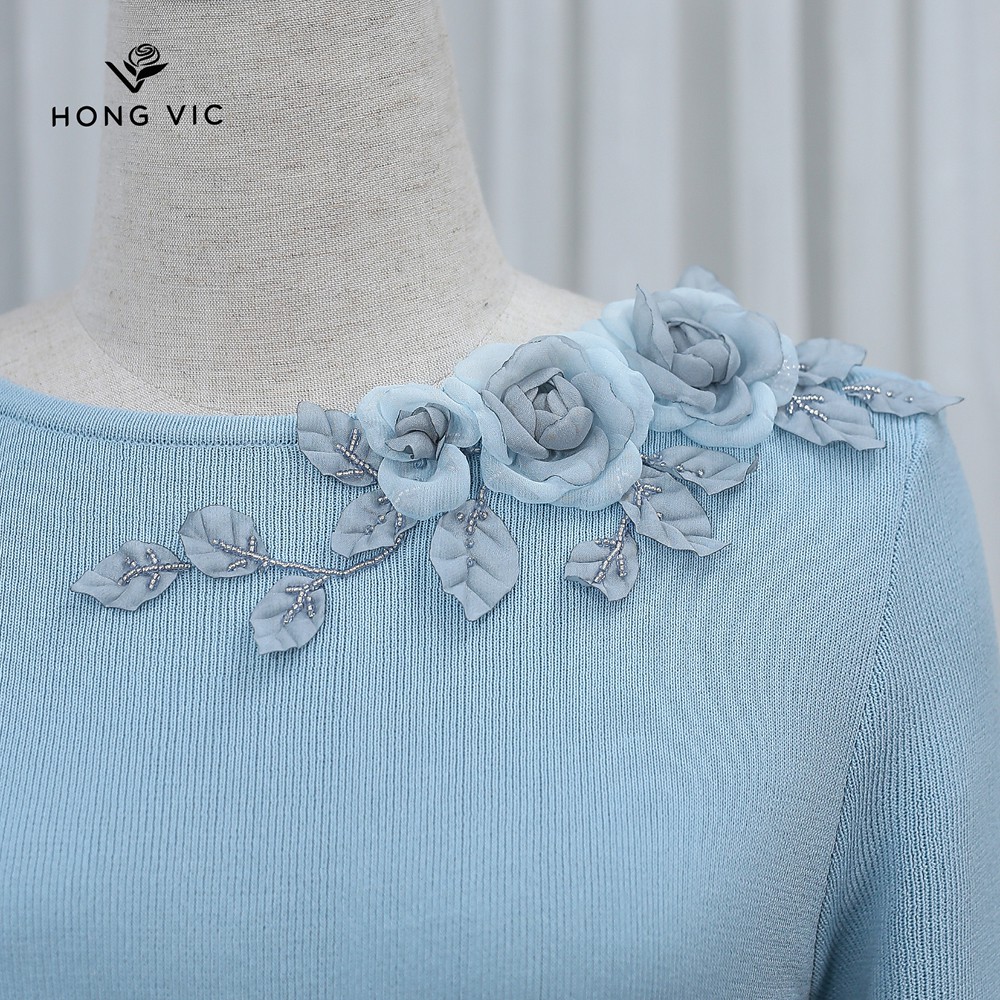 Áo nữ thiết kế Hongvic len xanh xẻ tà AL16