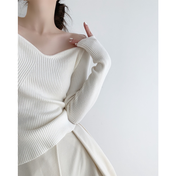 Áo kiểu ZHELIHANGFEI vải dệt kim tay dài hở vai thời trang quyến rũ cho nữ