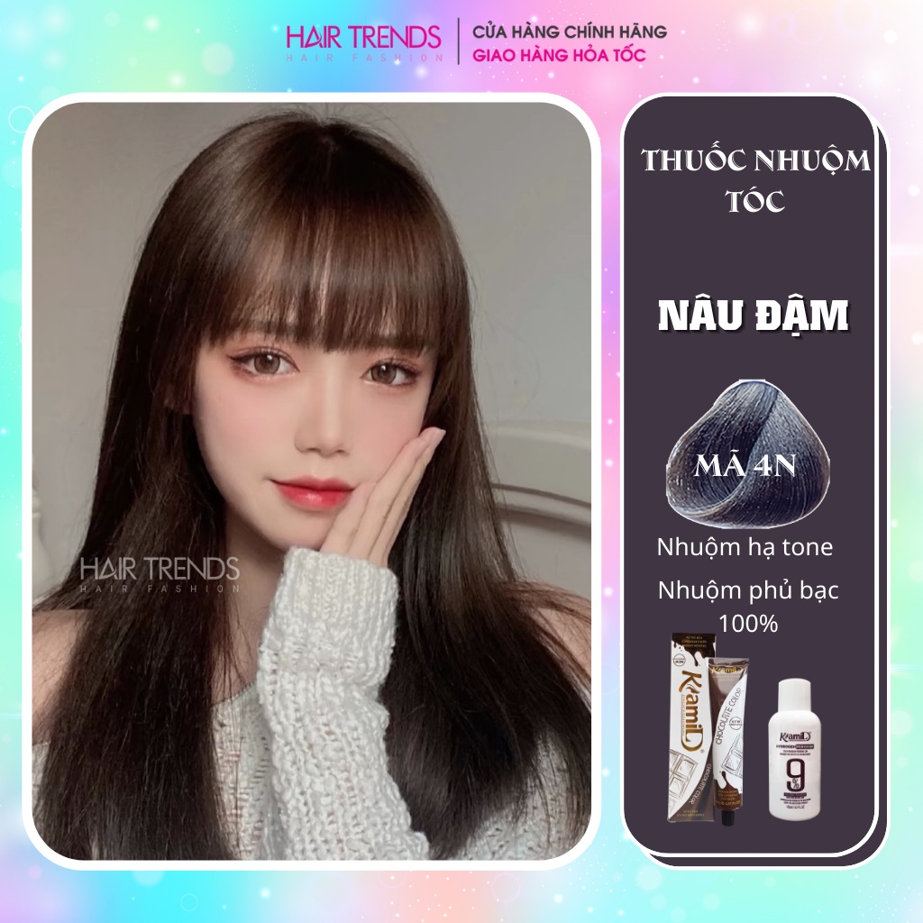 (PHỦ BẠC 100%) Thuốc nhuộm tóc màu NÂU ĐẬM  tặng kèm trợ dưỡng oxy 100ml  hairtrends shop (K4N)