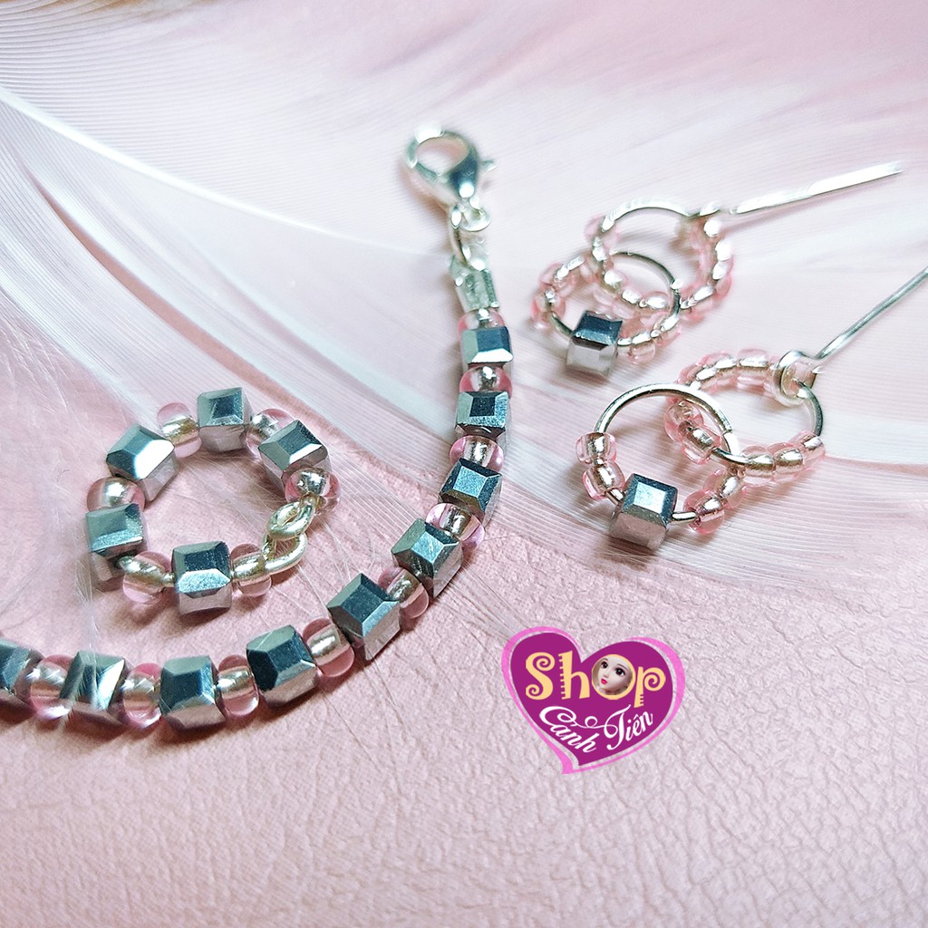 Bộ Vòng cổ, Bông Tai, Vòng tay Búp bê Pha lê vuông Bạc phối Cườm Độc đáo - Trang Sức Búp Bê Handmade cao cấp