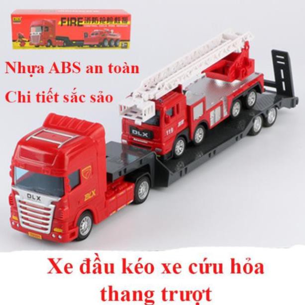 Xe đồ chơi mô hình xe đầu kéo xe cứu hỏa thang trượt (gồm 2 xe) chi tiết sắc sảo, nhựa ABS an toàn, kích thước lớn