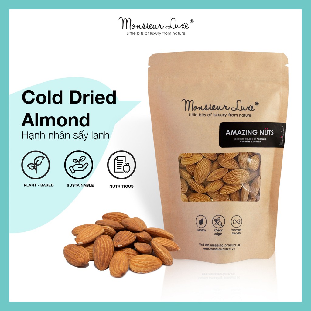 Hạnh nhân Sấy lạnh Luxe - (Cold Dried Almond) Gói 250g/500g - Giàu chất béo tốt, Tăng đề kháng - Xuất Xứ USA