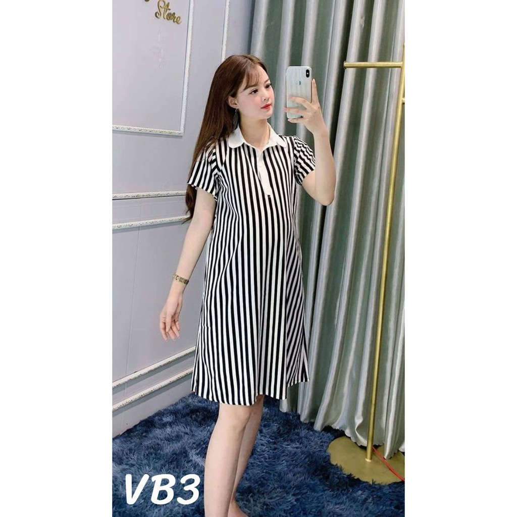 ▥Đầm bầu mùa hè dáng suông kẻ sọc pha cổ đức trắng sang chảnh thiết kế bởi Nhung Huấn