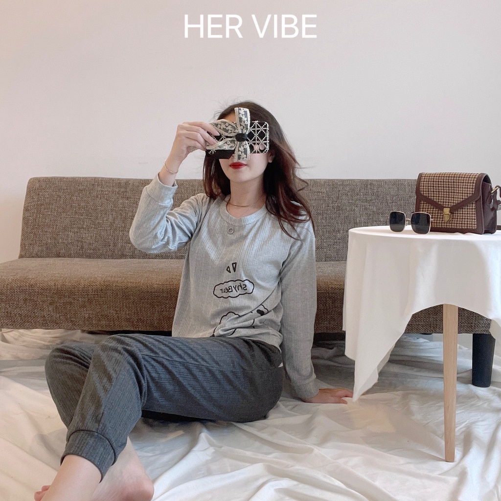 Bộ mặc nhà quần dài bộ đồ ngủ nữ pijama chất cotton sọc siêu thấm hút quần dài áo dài tay hình dễ thương Her Vibe | BigBuy360 - bigbuy360.vn