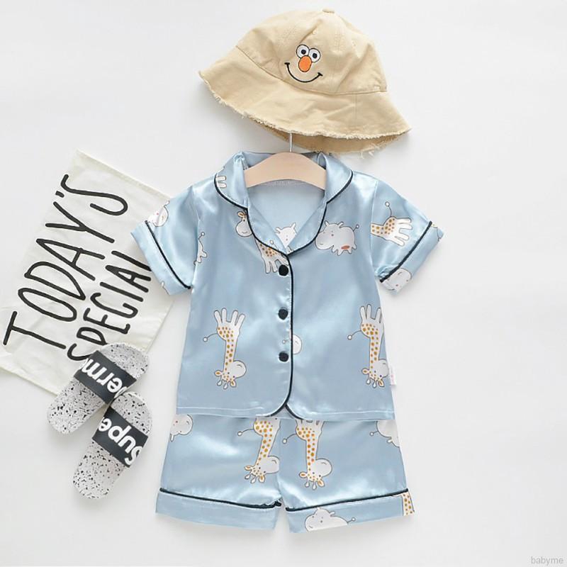 ♕ babyme ღ Baby Boys Girls Sleepwear Short Sleeve Blouse Tops+Shorts Pajamas Set