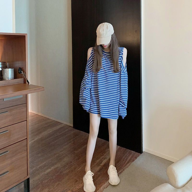 Jiashucheng Áo Thun Nữ Dài Tay Cổ Tròn Sọc Ngang Hở Vai Phong Cách Hàn Quốc Mới