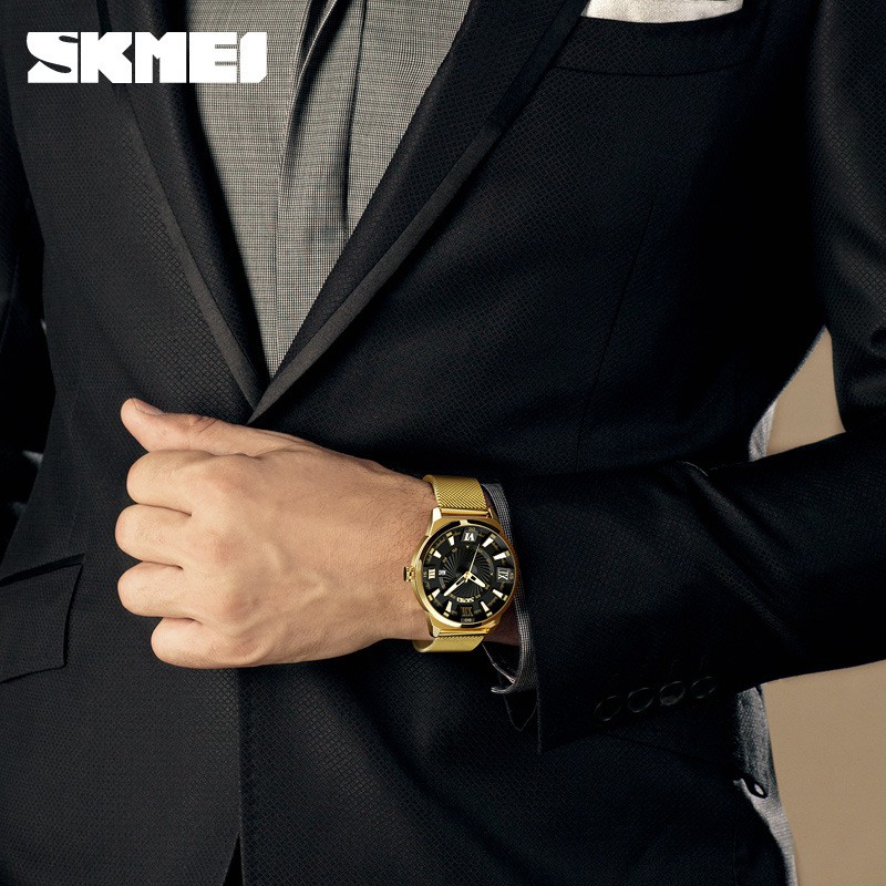 Đồng Hồ Quartz Nam SKMEI 9166 Chống Thấm Nước, Chất Liệu Thép Không Gỉ Mạ Vàng
