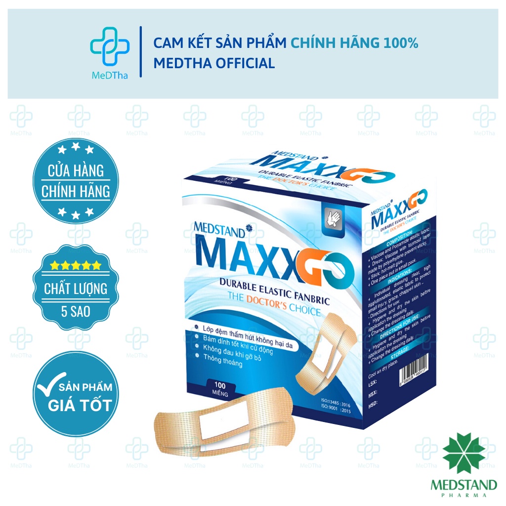 Băng cá nhân Maxxgo - Băng gâu Y tế, băng vết thương chất liệu vải độ dính cao (Hộp 100 miếng) Medstand