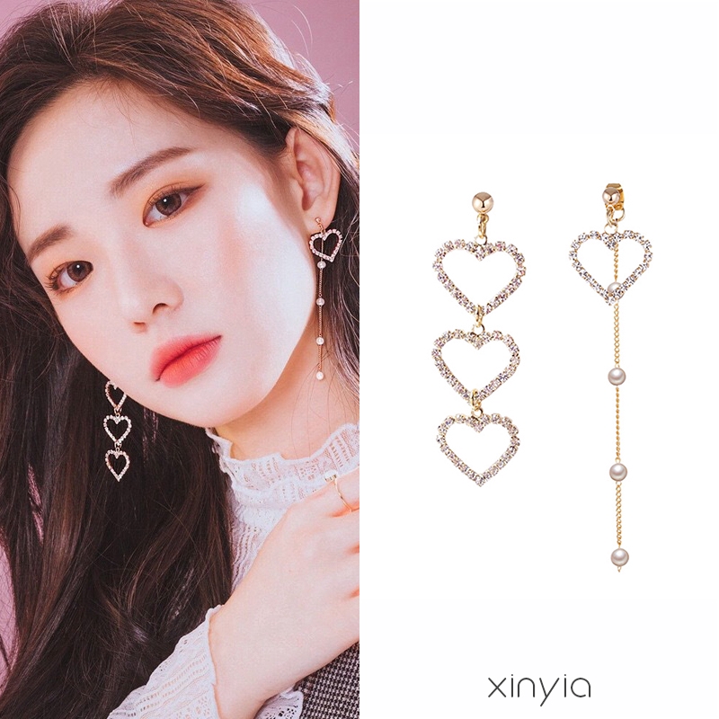 Khuyên Tai Dáng Dài Hình Trái Tim Đính Ngọc Trai Nhân Tạo Thời Trang