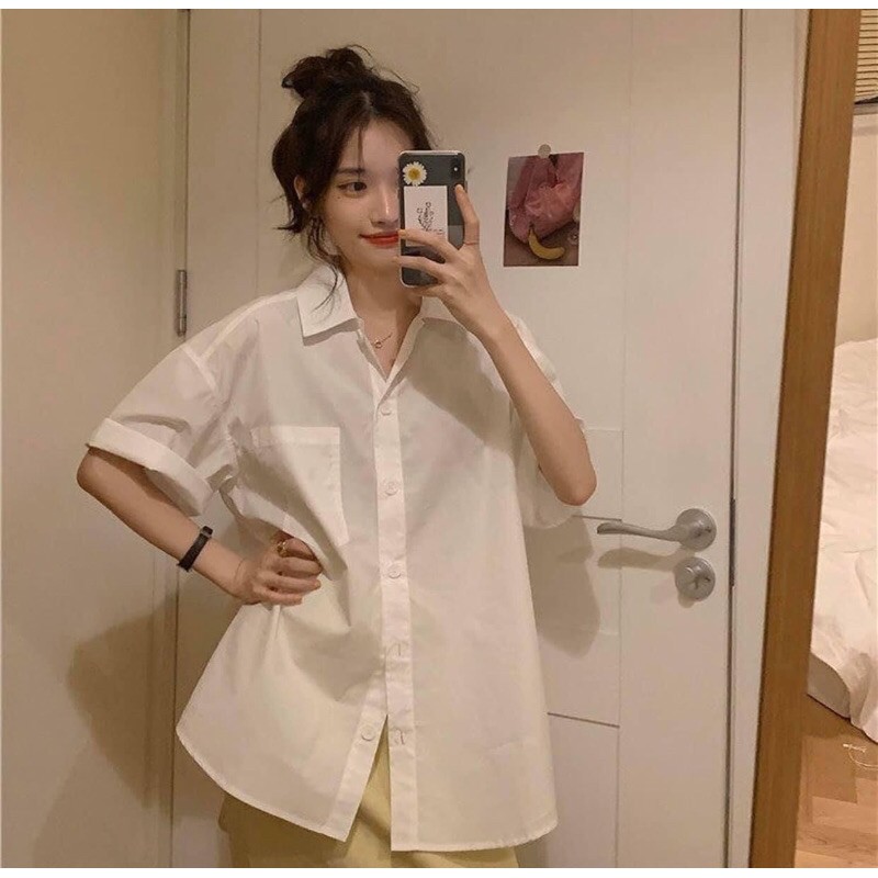 [ẢNH THẬT - Có sẵn] Áo sơ mi trắng tay lỡ &amp; Quần baggy trơn đen