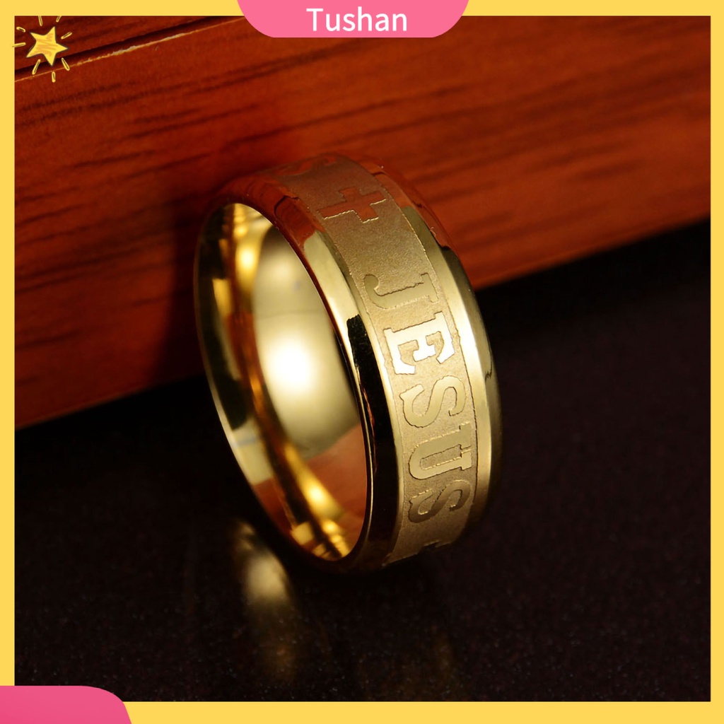 Nhẫn thép không gỉ họa tiết khắc thập giá và chữ Jesus độc đáo thời trang