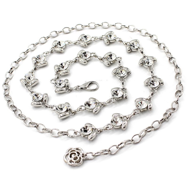 Dây thắt lưng chuỗi móc xích nụ hoa, đai váy móc khóa hợp kim hoa gắn đá