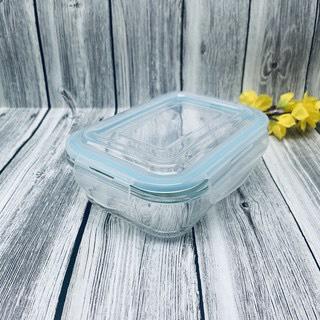 Hộp thuỷ tinh chịu nhiệt 640ml nắp xanh - Hộp thực phẩm có nắp 4 mắc gài giúp đậy kín hơn - Hàng y hình 100% kem video