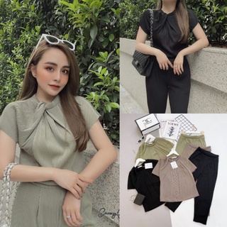 S564 Set đồ công sở thiết kế áo cổ tròn vạt chéo dáng suông phối quần baggy chất thun ly sang chảnh