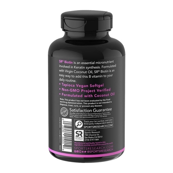 Viên uống thuần chay hữu cơ Biotin (10,000mcg) Sports Research SR Organic Coconut Oil 120 viên USA