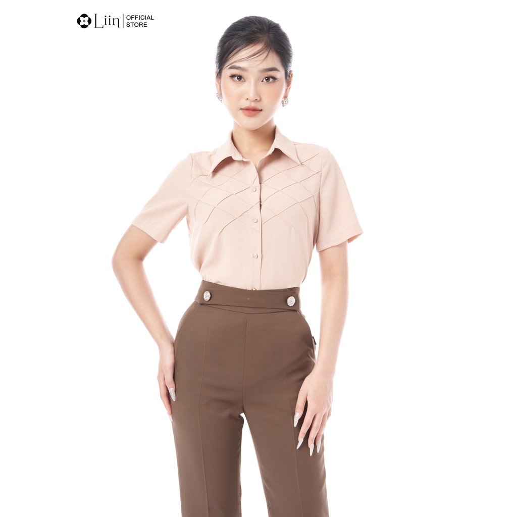 Áo sơ mi nữ cộc tay linbi cao cấp chất vải đũi cộc tay màu nâu phong cách thanh lịchLiin Clothing SM4384