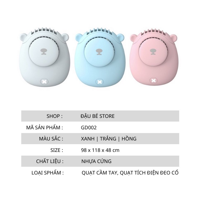 Quạt Mini Tích Điện Đeo Cổ Cầm Tay - Quạt Đeo Cổ Xinh Xắn Nhỏ Gọn Hình Gấu Đầu Usb - Daube - Gd002