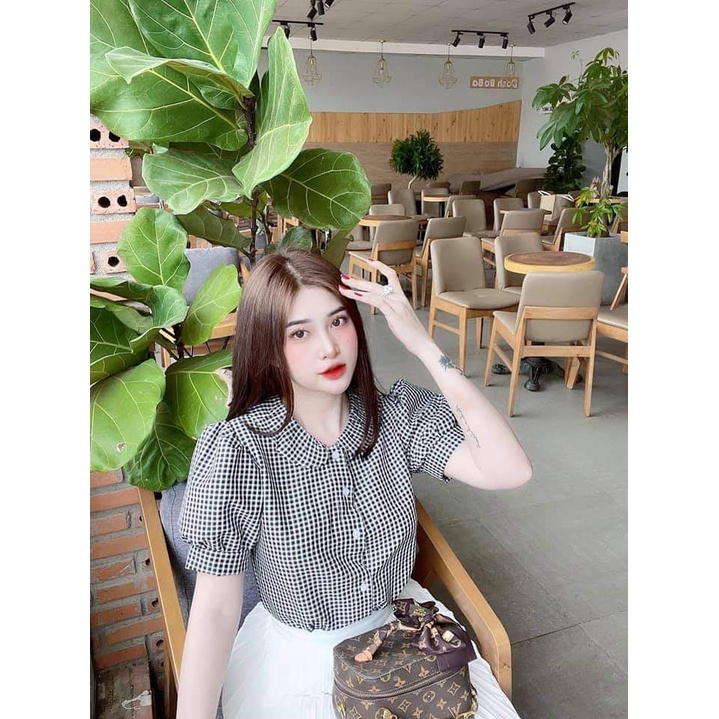Áo Sơ Mi nữ công sở thời trang  SURI Caro xốp đen đỏ Tay Ngắn Dáng Rộng Kẻ Sọc Kiểu Hàn Quốc-CARODENDOND