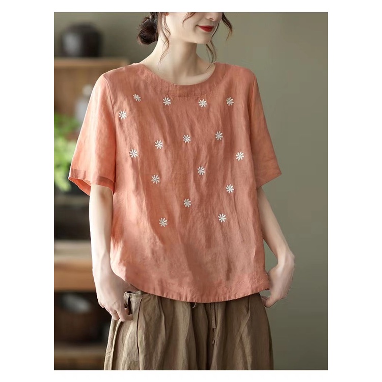 Áo Thun Tay Ngắn Chất Liệu 100% Cotton Lanh Thêu Họa Tiết Xinh Xắn Thời Trang Mùa Hè 2022 Cho Nữ