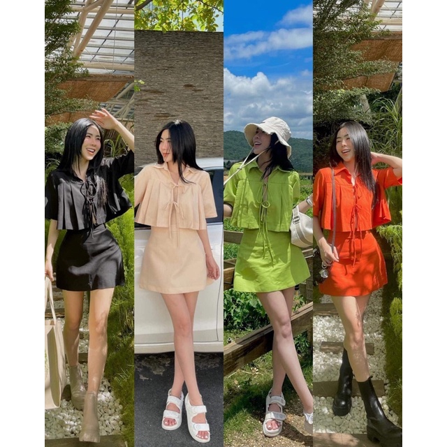Set đồ nữ áo croptop cột dây thắt nơ và chân váy chữ A lưng cao sang chảnh tiểu thư ST128
