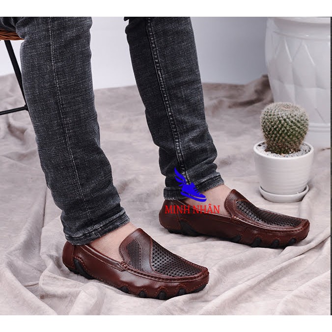 Giày lười da bò đục lỗ thoáng mát có video GH-08 [ đen, nâu]