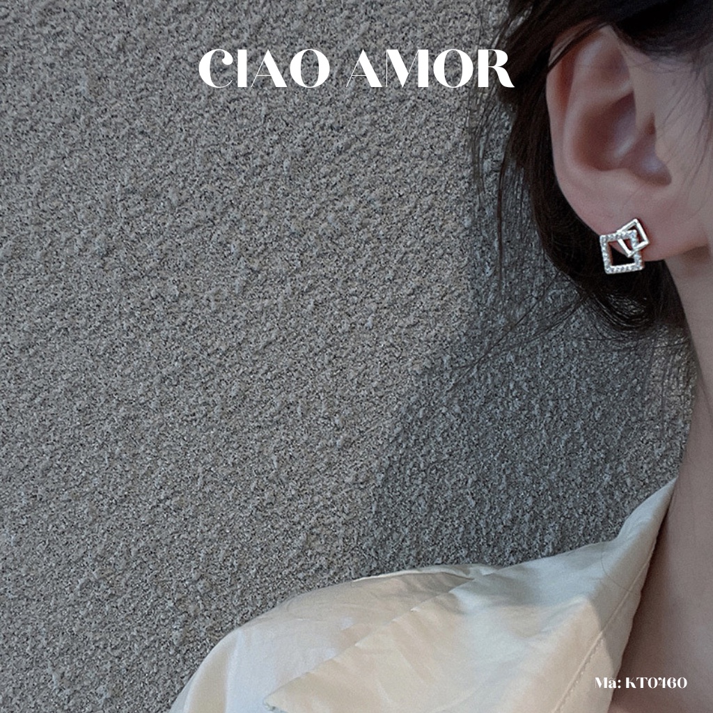 KT0460-Khuyên tai nữ, Bông tai nữ nụ bạc 925 vuông nhỏ xếp đính ngọc Trang sức Ciao Amor