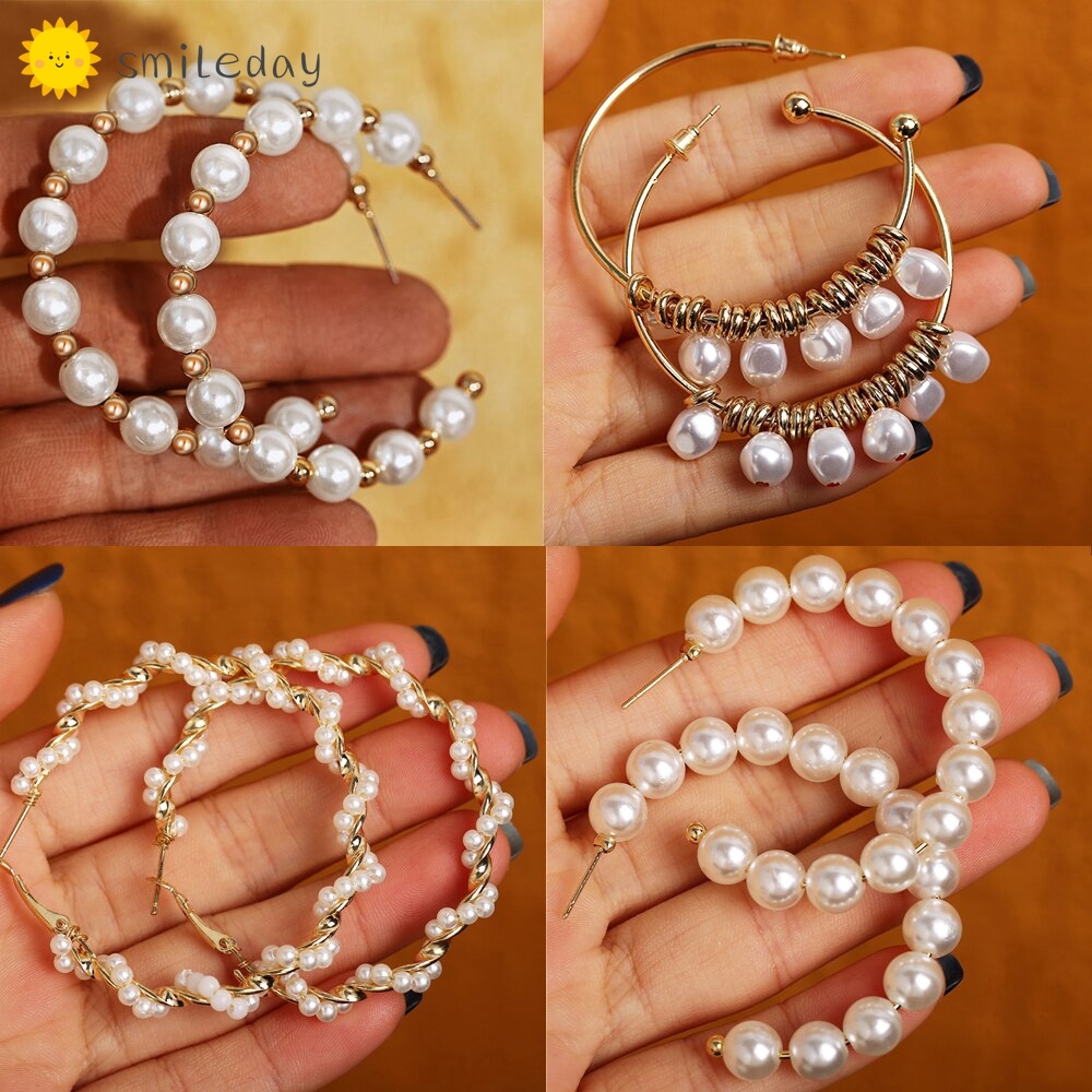 Hoa tai kim loại tròn đính ngọc trai thời trang sang trọng cho nữ