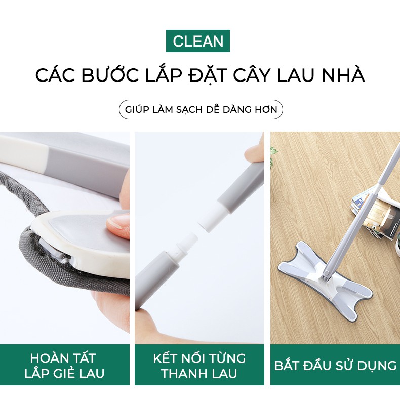 Cây Lau Nhà Tự Vắt Thông Minh Chữ X - HOMES - Chổi Lau Sàn Gỗ Đầu Xoay 360 Độ Kèm Bông Lau Làm Sạch Dễ Dàng, Nhanh Chóng