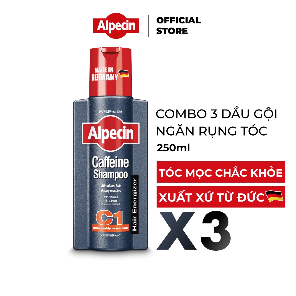 Combo 3 Dầu gội Caffeine Alpecin C1 250ml, ngăn rụng tóc và kích thích tóc mọc chắc khỏe, cho nam