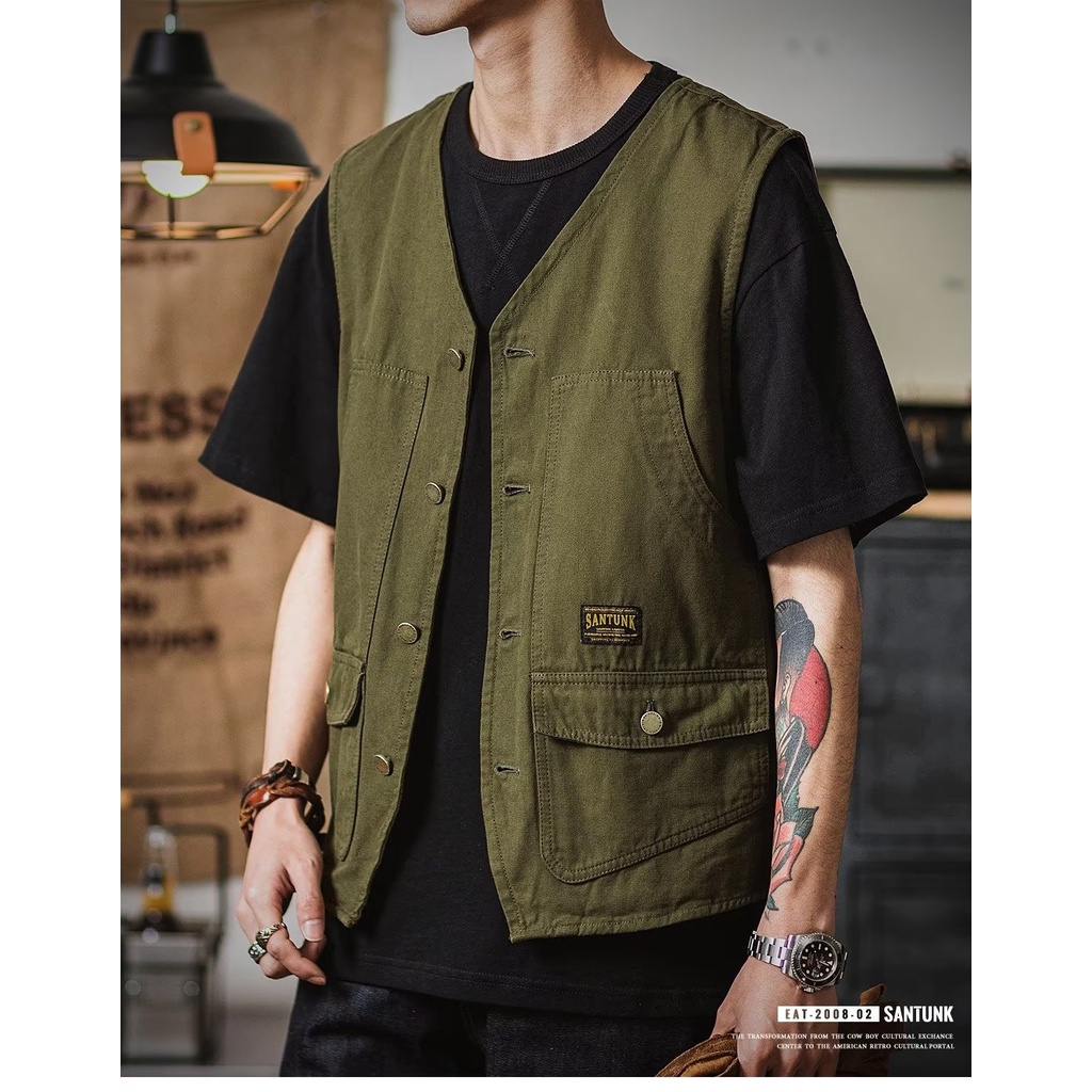 Áo Khoác Cotton Không Tay Phối Túi Cá Tính Theo Phong Cách Retro Nhật Bản Dành Cho Nam