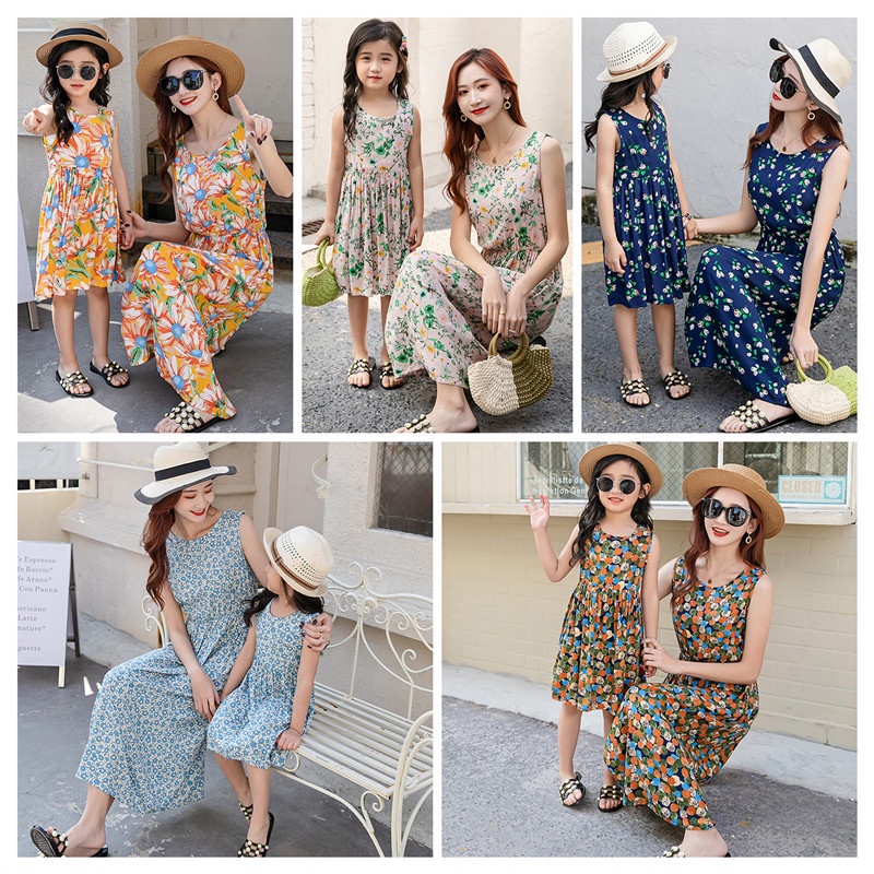 Đầm Cotton Dáng Dài Không Tay In Hoa Thời Trang Xuân Hè Dành Cho Mẹ Và Bé Size S-XL 110-160cm