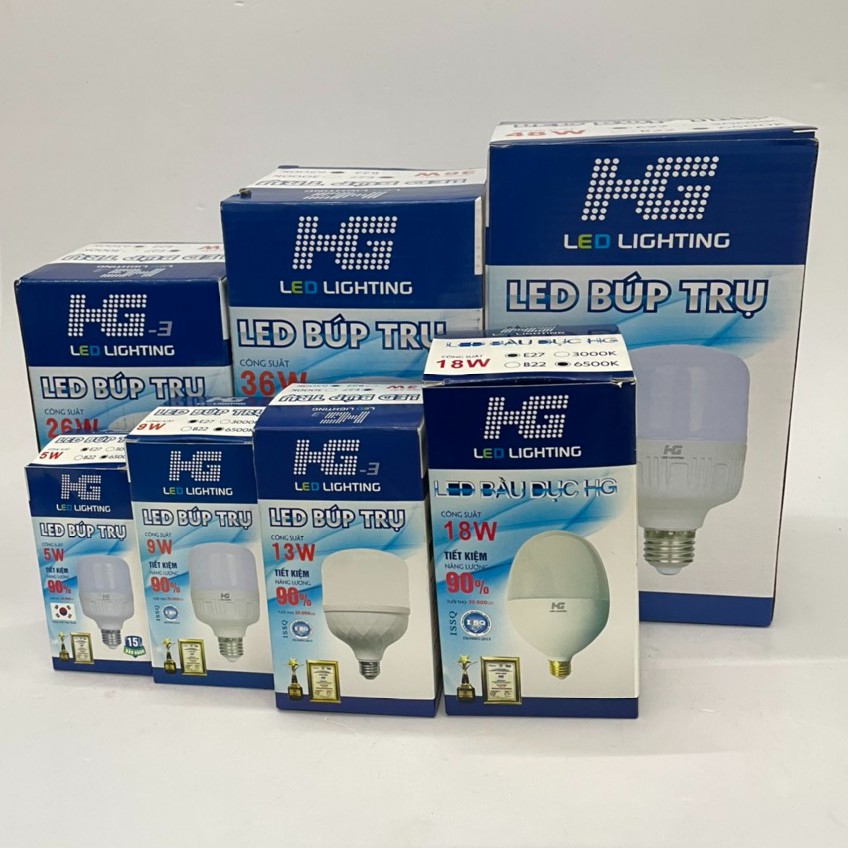 Đèn Led Bulb Trụ Tiết Kiệm Điện Chính Hãng HG - Bóng Đèn Búp Tiết Kiệm Điện HG : 5W ; 9W ; 13W ; 18W ; 26W ; 36W ; 48W