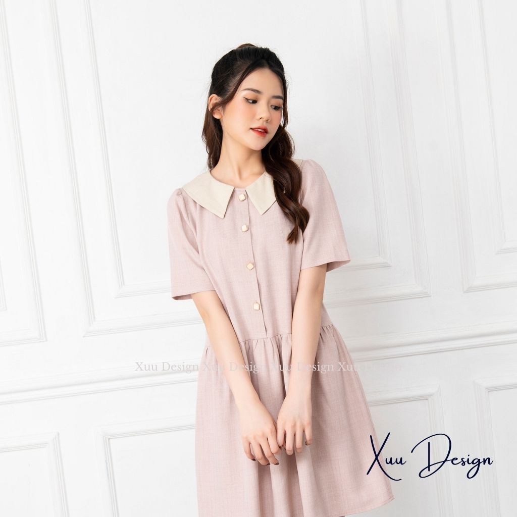 Váy babydoll tay ngắn cổ tròn, đầm suông dáng xòe nhẹ nhàng tiểu thư - Wexuu Design V05