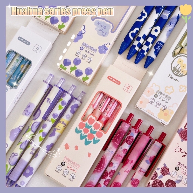 Set hộp 4 bút bi bấm mực đen Moka ngòi kim mảnh hoa Tuylip Flowers
