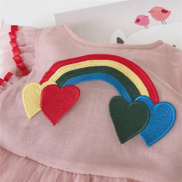 Đầm cho bé gái phối bèo thêu họa tiết cầu vồng xinh xắn