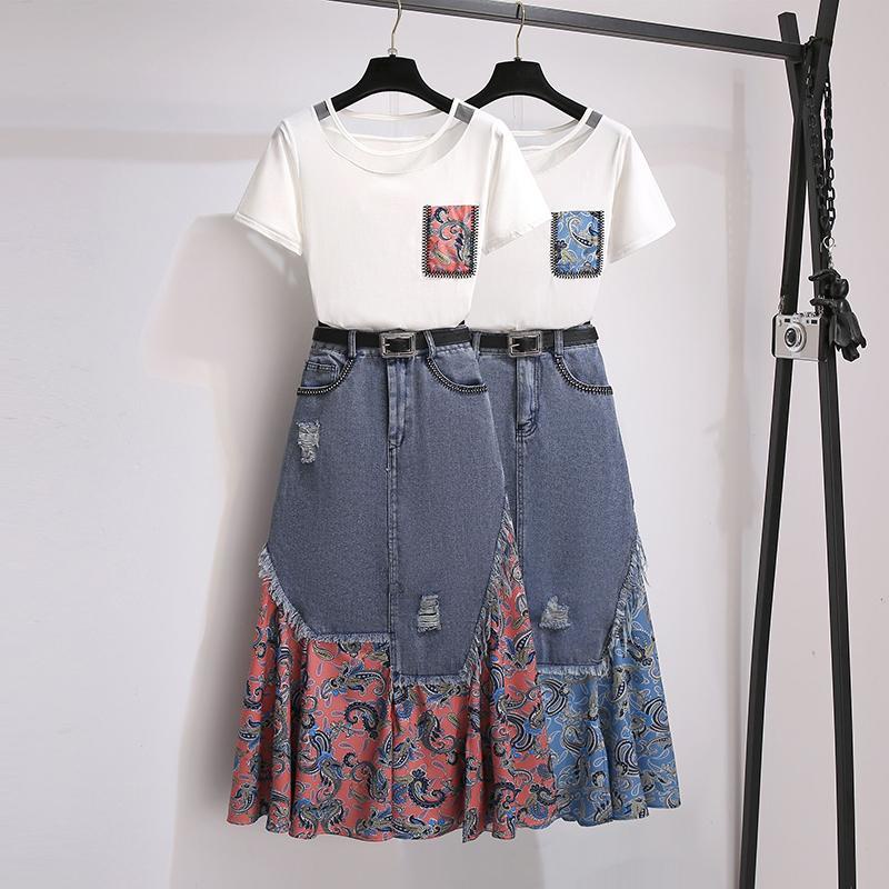 Set Áo Thun Ngắn Tay Đính Hạt + Chân Váy Denim Thời Trang Nữ