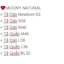 MOONY TÃ DÁN/QUẦN MOONY NHẬT ĐỦ SIZE NB90/ S84/ M64/ L54/ XL44/ M58/ L44/ XL38/ XXL26