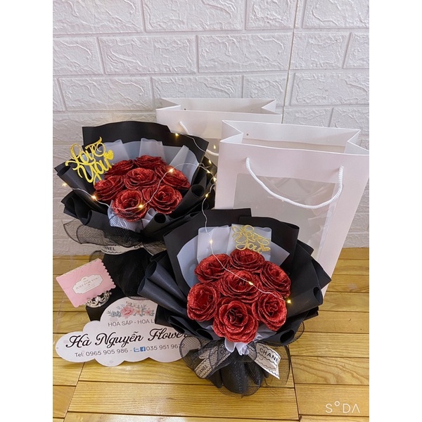 [quà sinh nhật-quà 14/2] Combo Bó hoa hồng nhũ 7 bông tặng kèm Túi + Thiệp như hình