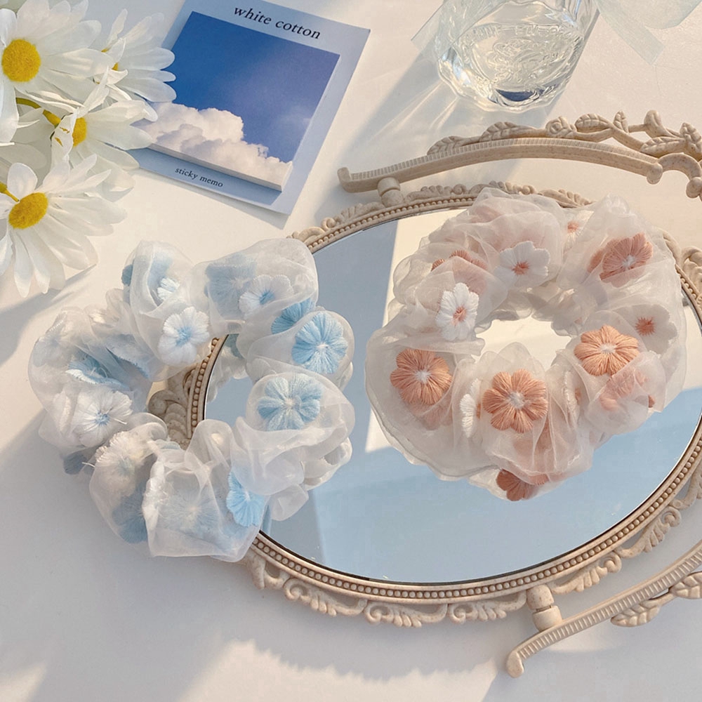 Thun buộc tóc vải thêu dễ thương xinh xắn