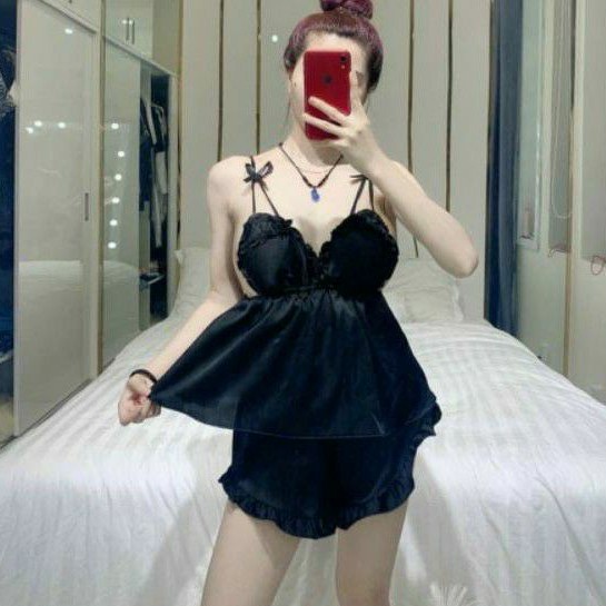 [Mã WASTUP giảm 10% tối đa 30K đơn 99K] Sét bộ ngủ phi lụa 2 dây đính nơ + quần bèo Cao cấp | BigBuy360 - bigbuy360.vn