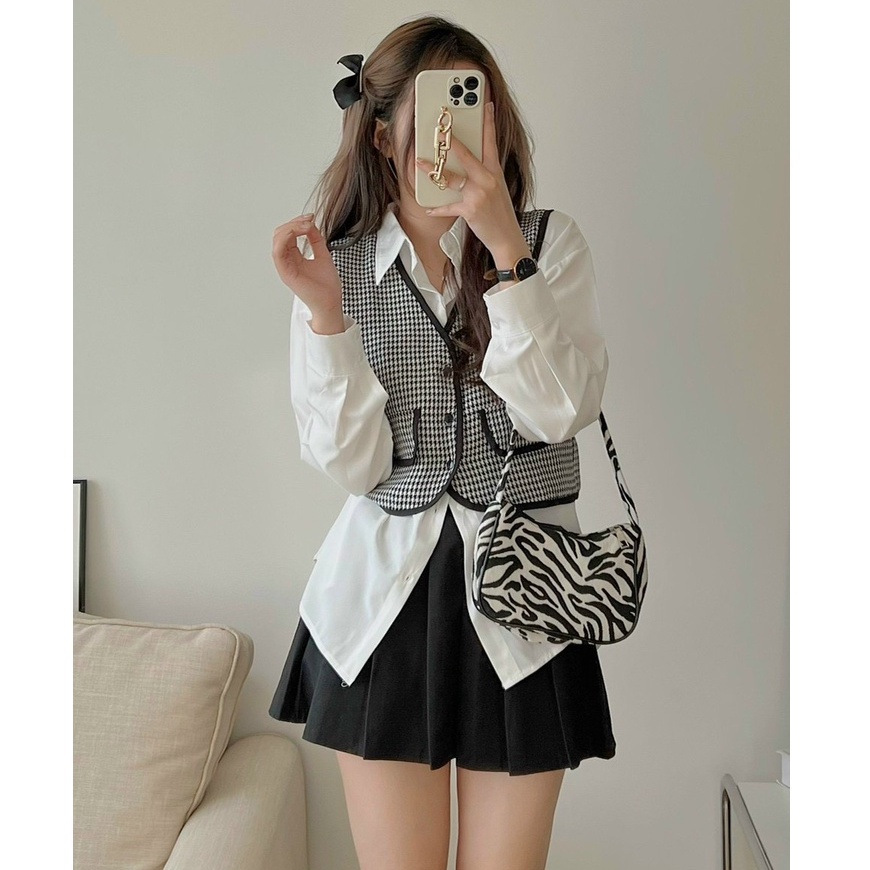Set đồ nữ áo sơ mi trắng dài tay kèm áo gile kẻ viền đen 2 lớp dày dặn, set 2 món Sơ mi nữ form rộng dài tay kèm gile kẻ