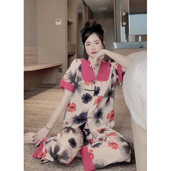 Đồ Bộ Pijama Nữ Lụa Mango Cao Cấp,Tay Cộc Quần Dài,Hàng Thiết Kế Tiểu Thơ, Chất Vải Mềm Mịn,Siêu Mát