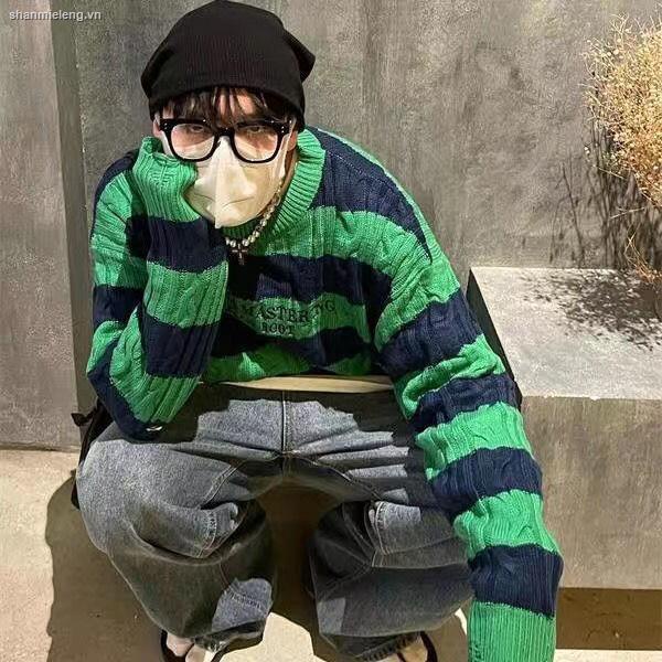 Áo len nữ dài tay cổ tròn sọc ngang thời trang Hàn Quốc